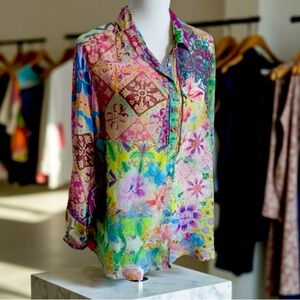 Johnny Was Milla Floral Print Cupra Rayon Boho Long-Sleeve Blouse Size L